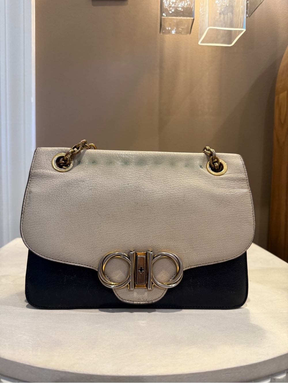 Salvatore Ferragamo Black and Cream Gancini Shoulder Bag